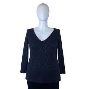 V-Neck Black Metallic Knit Long Sleeve Sweater Womens Pullover